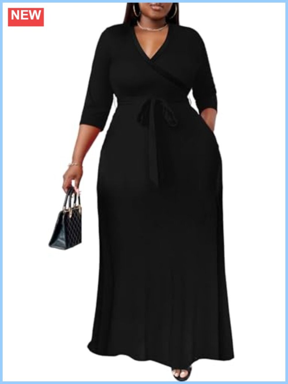 Plus Size Maxi Dress 3/4 Sleeve V-Neck Wrap Curvy Women Summer Casual